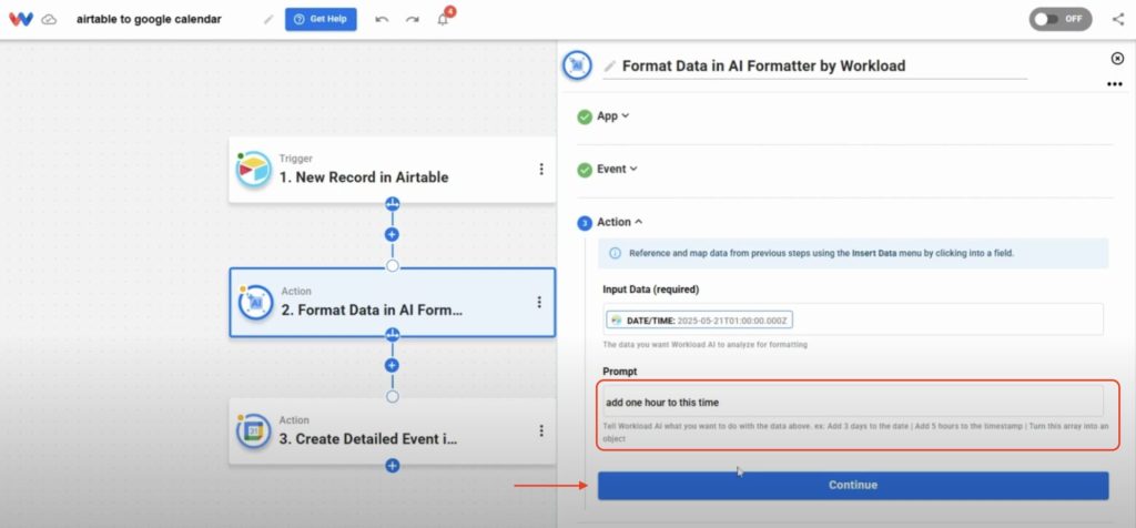 User types the prompt "add one hour to this time" to define the event’s end time dynamically.
