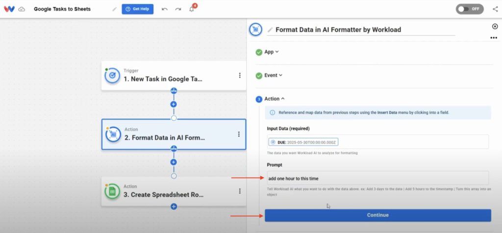 Creating a prompt to add one hour to the task due time
