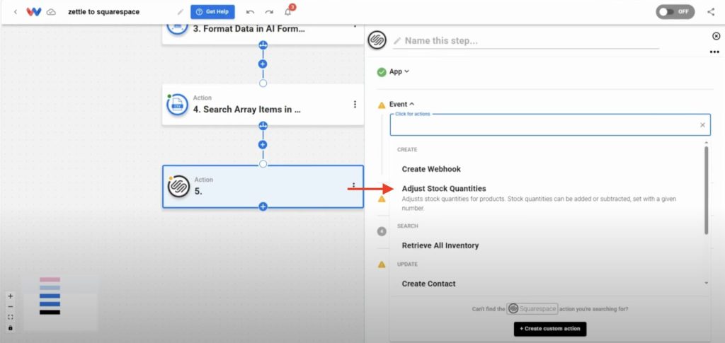 Selecting the "Adjust Stock Quantities" event for the Squarespace app in this automated workflow.