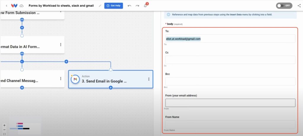 Map the dynamic “To” and “From” fields in your Gmail step using response data.