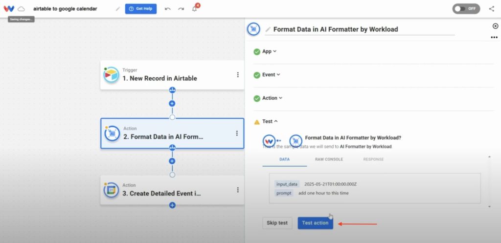 User clicks "Test action" to make sure the formatter processes the Airtable date correctly.