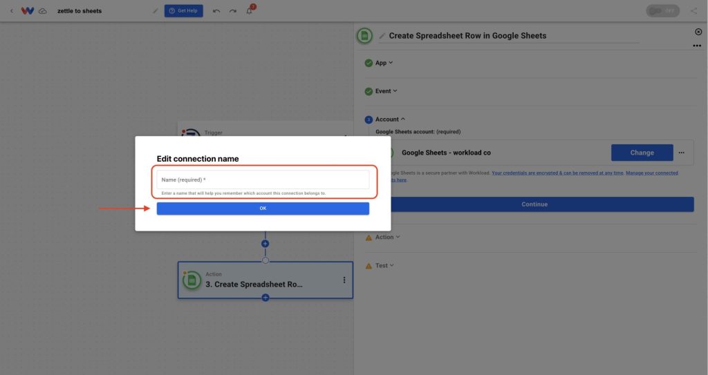 Entering a connection name to organize your automation that tracks Zettle purchases automatically