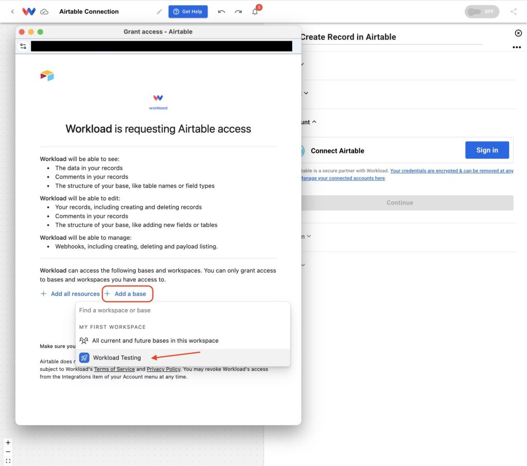 Click Add a base and select the Airtable workspace or base you want to connect.