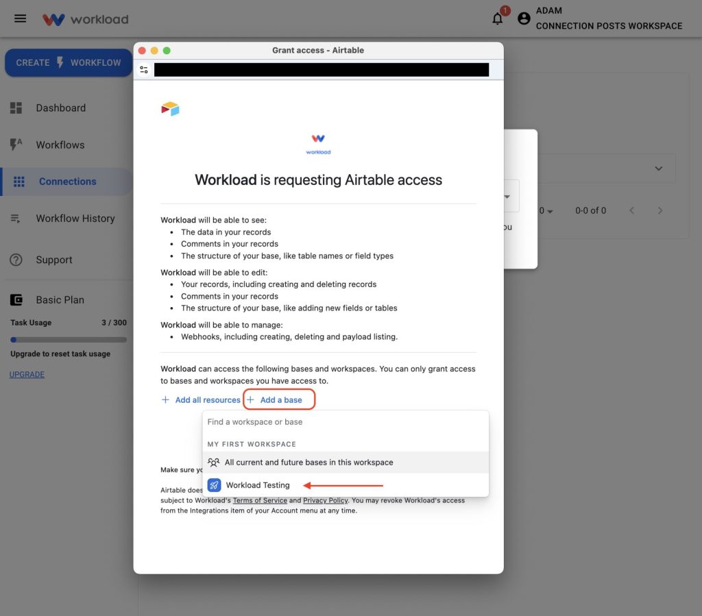 Choose which Airtable base or workspace you want to connect by clicking Add a base.