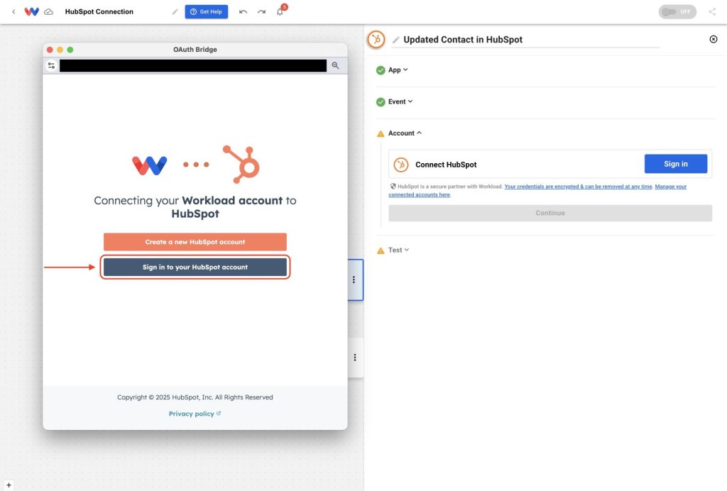 Click “Sign in to your HubSpot account” to continue and Connect HubSpot to Workload.