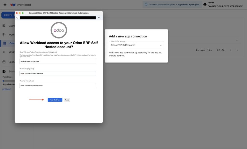 Enter the Base URL and API Key from your Odoo account into the Workload connection form.
