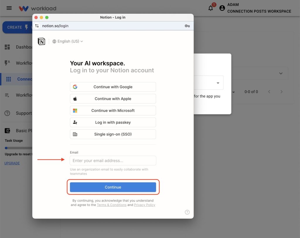 Notion login window prompting for an email address and Continue.