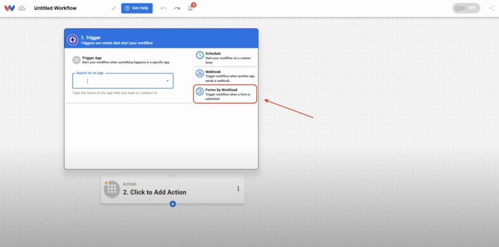 Choose Forms by Workload as the trigger app to Create Custom Business Forms that start automations.