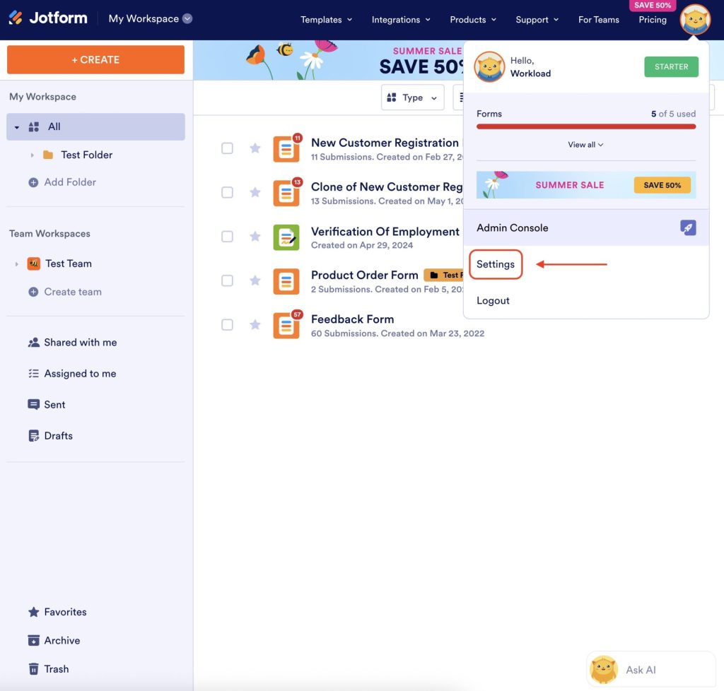 Open the account dropdown in Jotform and click Settings to manage integrations