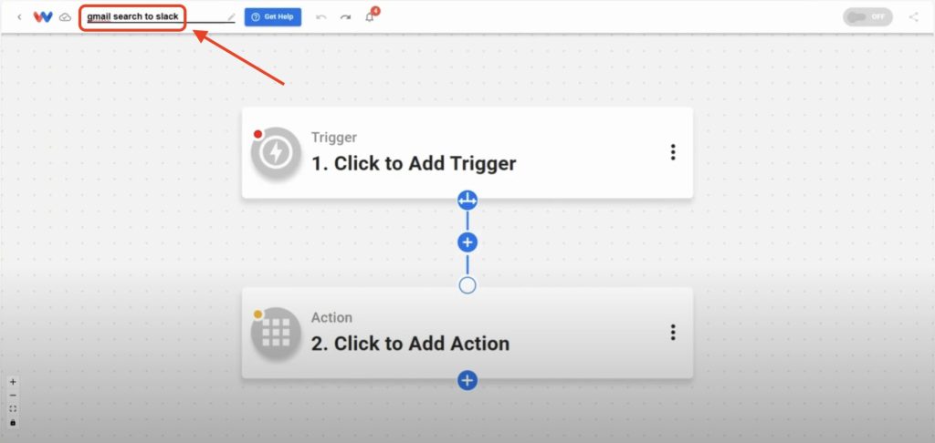 Workload Editor view with an arrow pointing to the upper left corner where you give the Gmail to Slack Channel Messages workflow a new name.