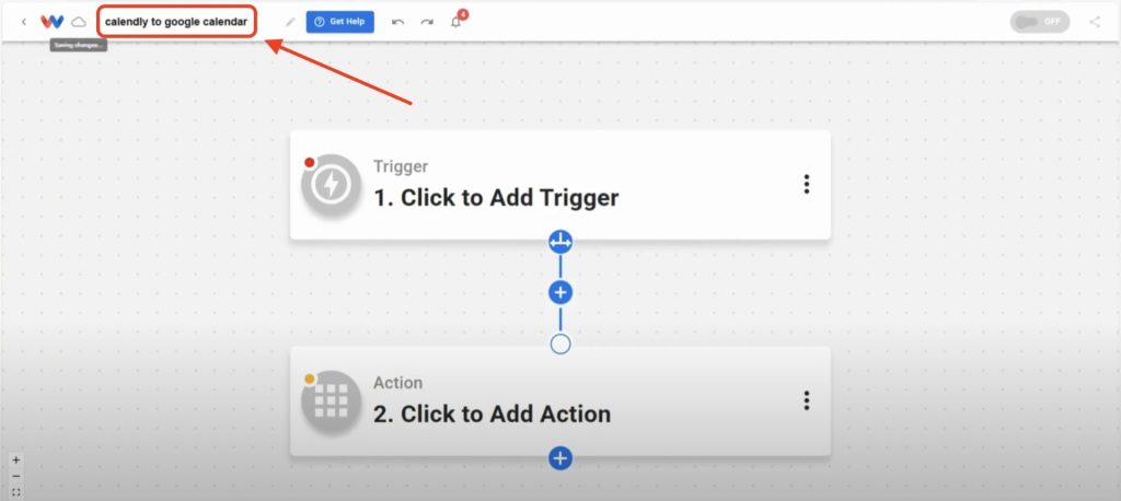 Editor view of Workload platform with a red box in upper left corner around the spot where a name for the Create Google Events from Calendly Invitees workflow can be created.