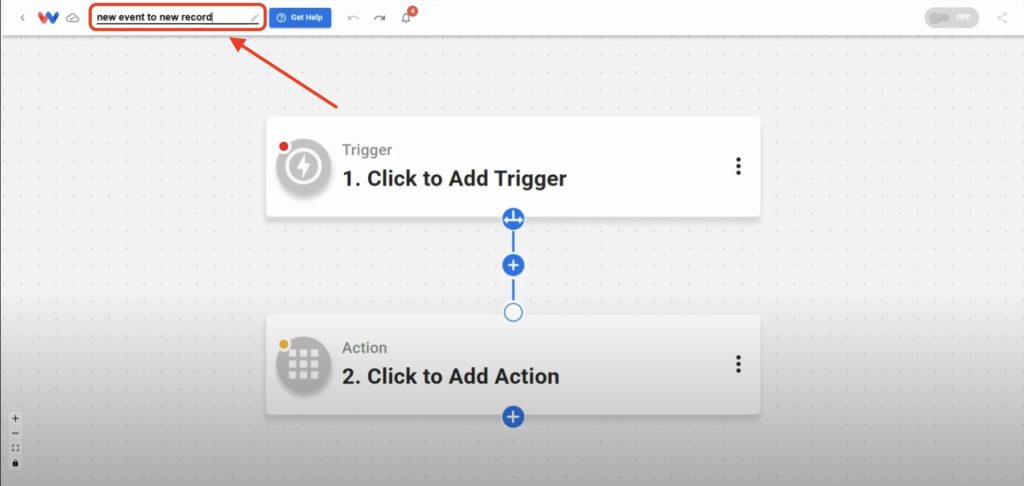 Arrow pointing to workflow name field labeled 'new event to new record