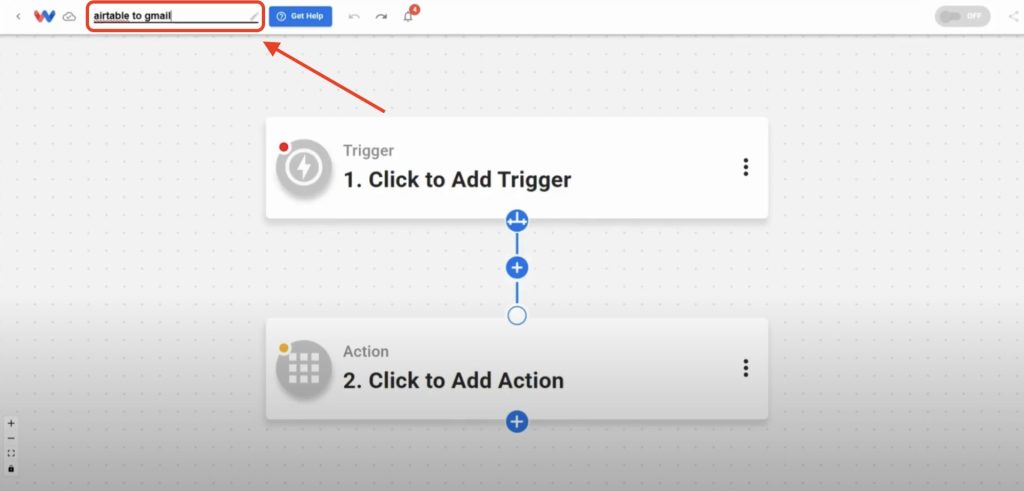 Naming the automation “airtable to gmail” in Workload to organize your flow to Send Gmails from Airtable