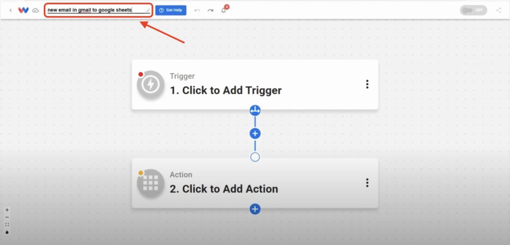 User names the workflow “new email in gmail to google sheets” in the Workload editor to begin setup.