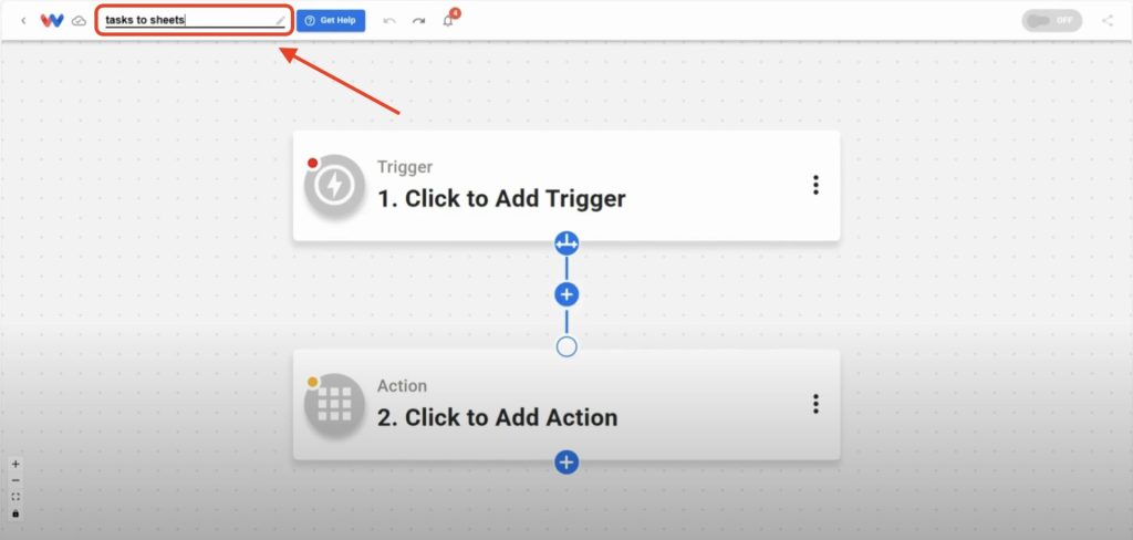 Naming the Google Tasks to Sheets Rows workflow in Workload editor