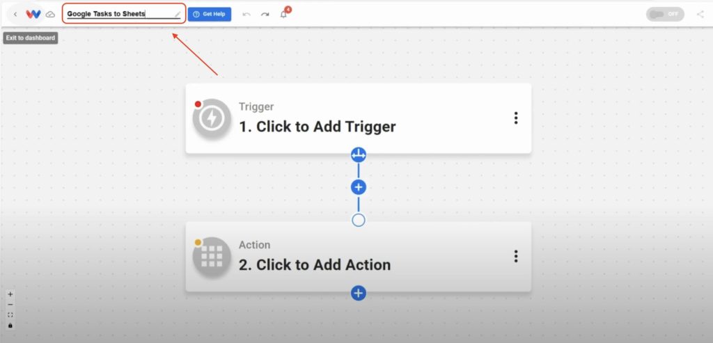 Naming the automation “Google Tasks to Sheets” inside the Workload editor