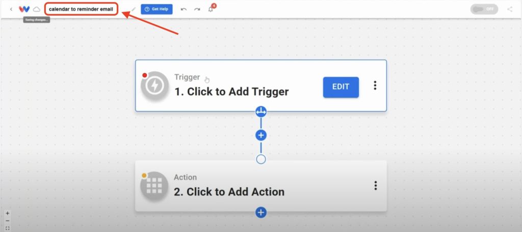 Editor view of Workload platform with red arrow pointing to a box where you can give a custom name to your Gmail Reminder Before Calendar Event workflow.