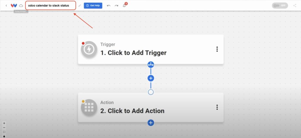 Naming a new automation “Slack Status from Odoo” inside the Workload editor.