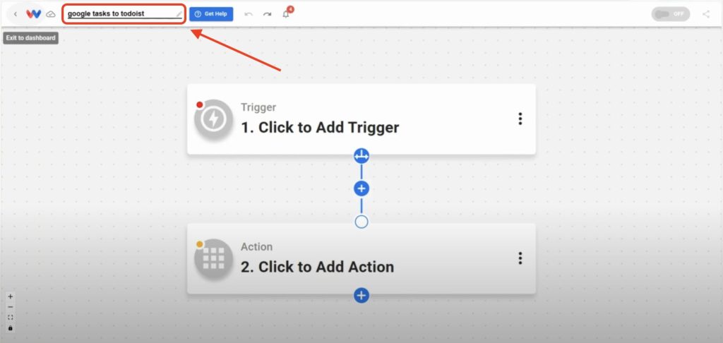 Editor view of Workload platform with red arrow pointing to workflow name field. Create a new name for the Google Tasks Todoist Sync workflow.