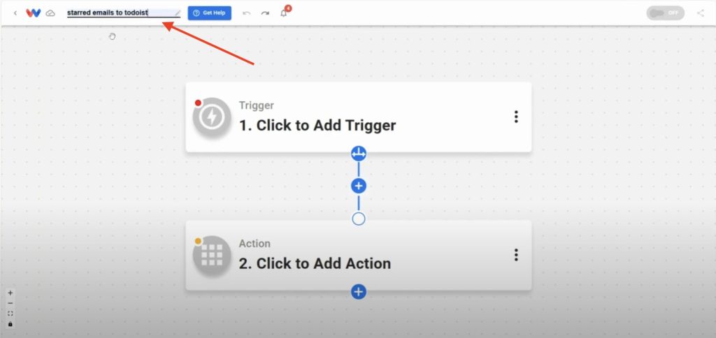 Editor view of Workload platform with arrow pointing to the editable name field of the Create Todoist Tasks from Starred Gmails workflow.