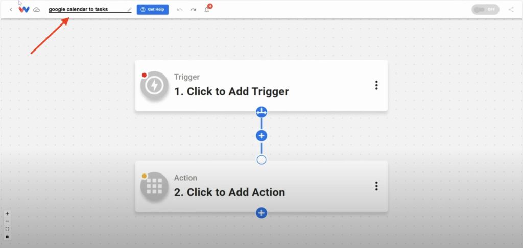 Workflow editor in Workload with a blank automation titled "google calendar to tasks".
