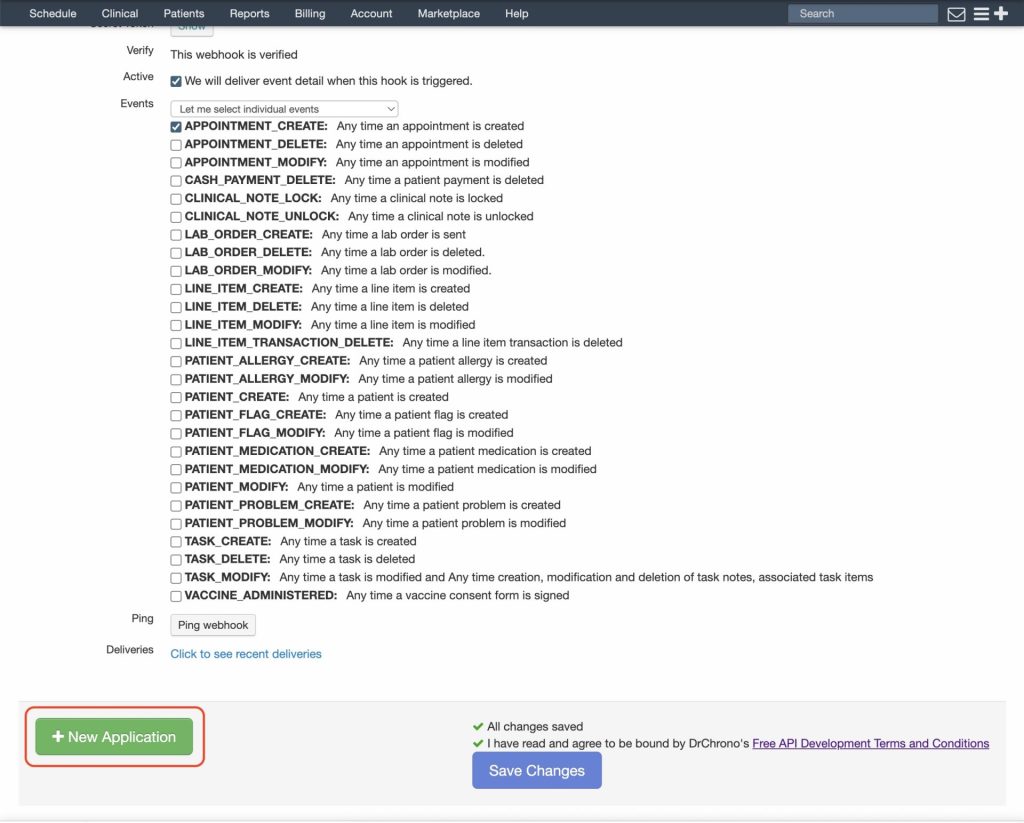 Click + New Application to start generating credentials to connect DrChrono to Workload