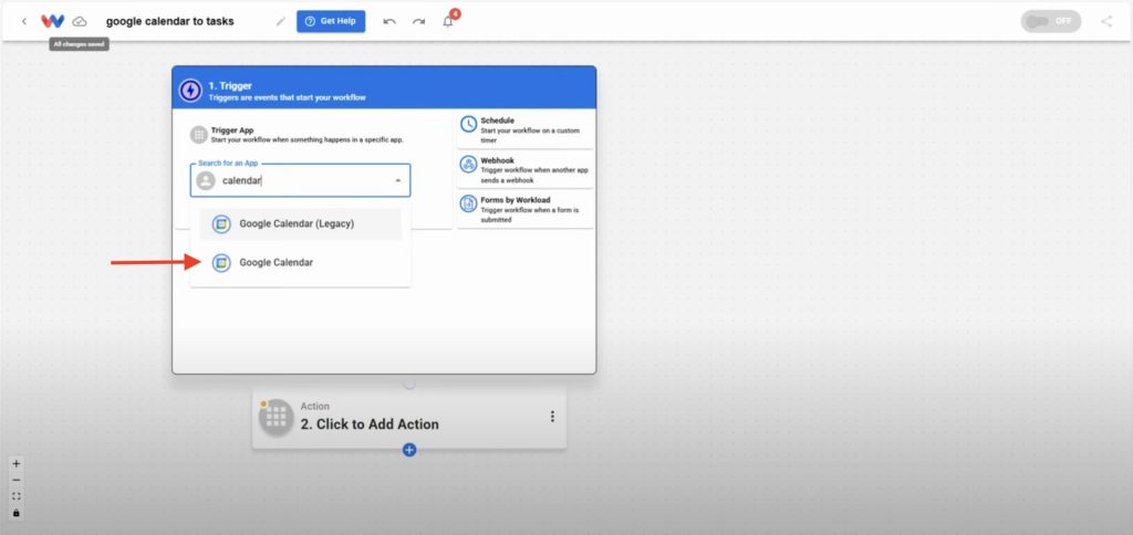 Selecting Google Calendar as the trigger app in Workload.