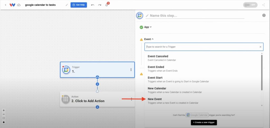 Choosing "New Event" as the trigger for syncing calendar events with tasks.