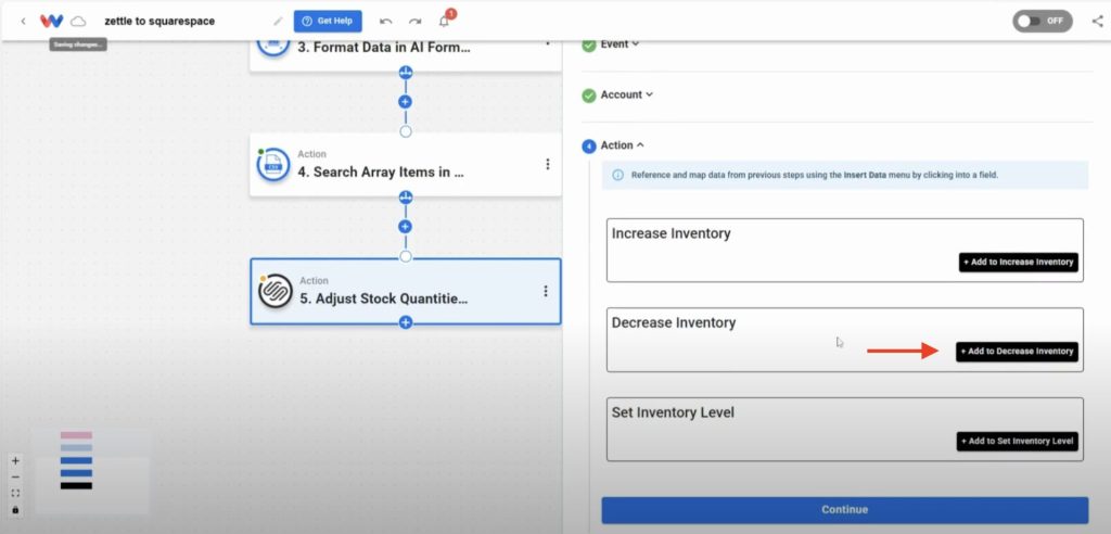 Clicking to add a decrease in inventory quantity in the final Squarespace update action.