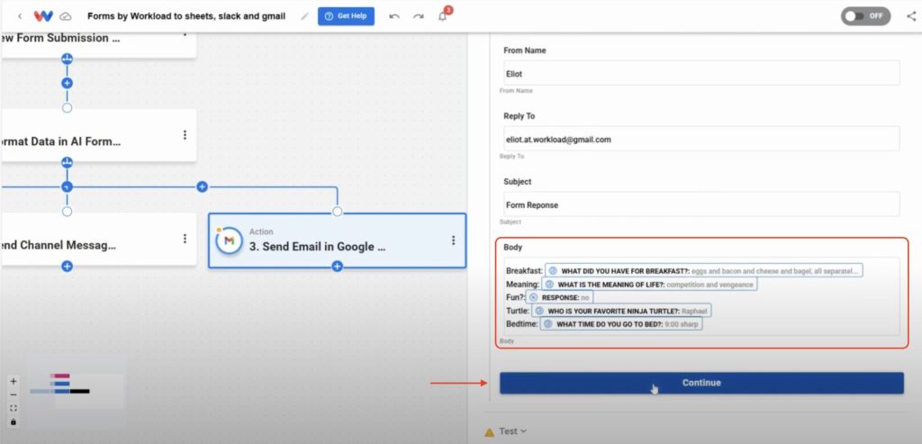Add the full message body content using variables from routed custom form responses.