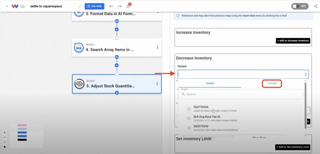 Opening the custom tab to manually enter a variant ID for inventory control.