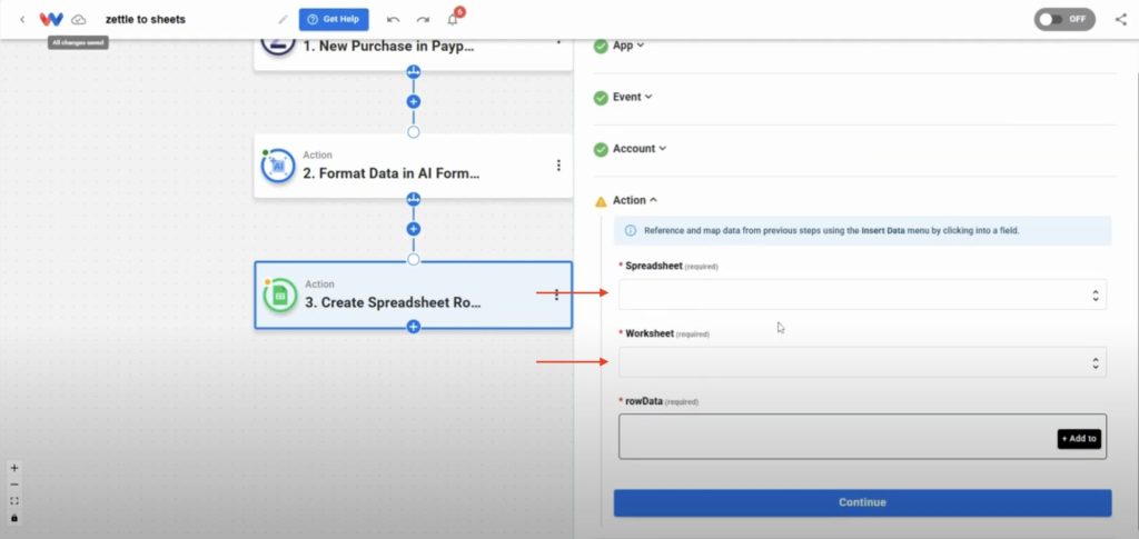 Choosing a spreadsheet and worksheet where new Zettle purchase records will be sent automatically