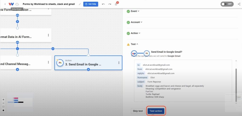 Click the "Test action" button to complete the Gmail step and route custom form responses.