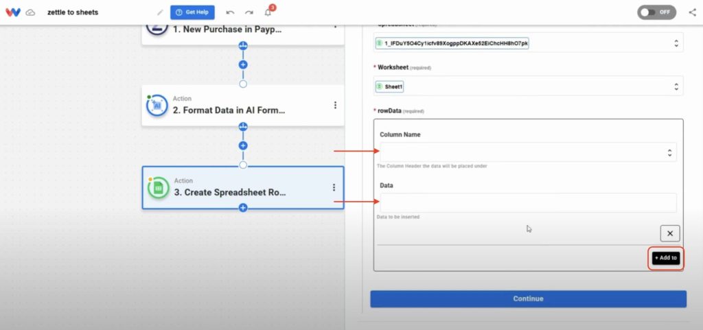 Mapping fields from the Zettle trigger into Google Sheets columns using Workload’s field editor