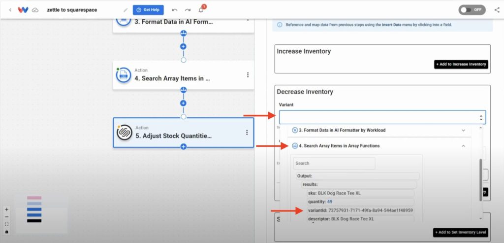Mapping the variant ID pulled from the search step to decrease inventory.