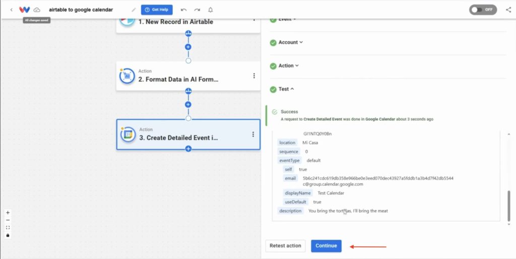 Confirm a successful Google Calendar response showing the event was created from Airtable Records to Sheets automation data.