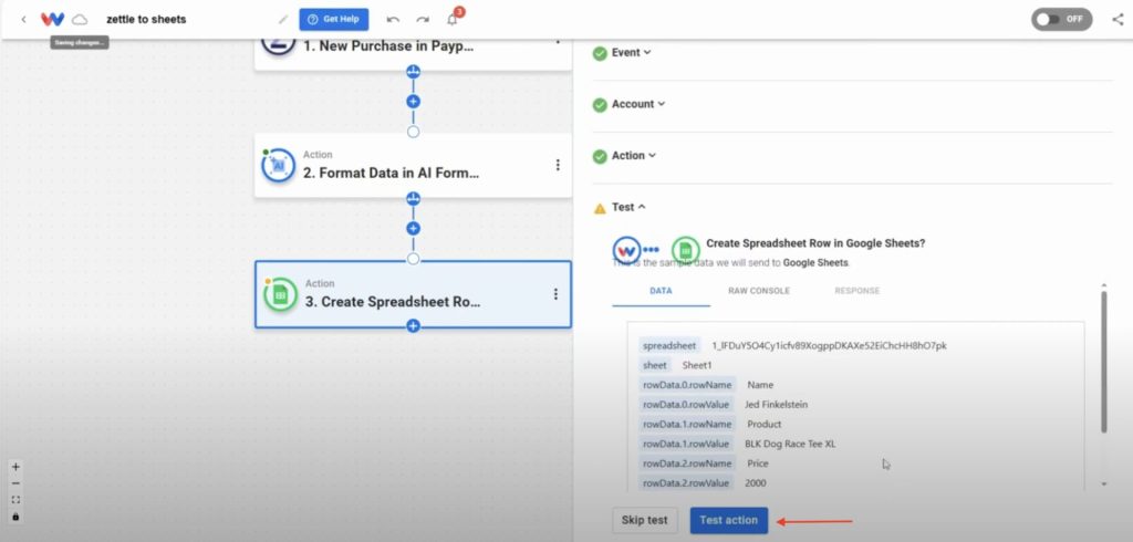 Testing the final automation step to track Zettle purchases automatically in Sheets.