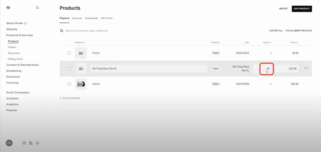 Viewing the updated stock value in the Squarespace product dashboard.