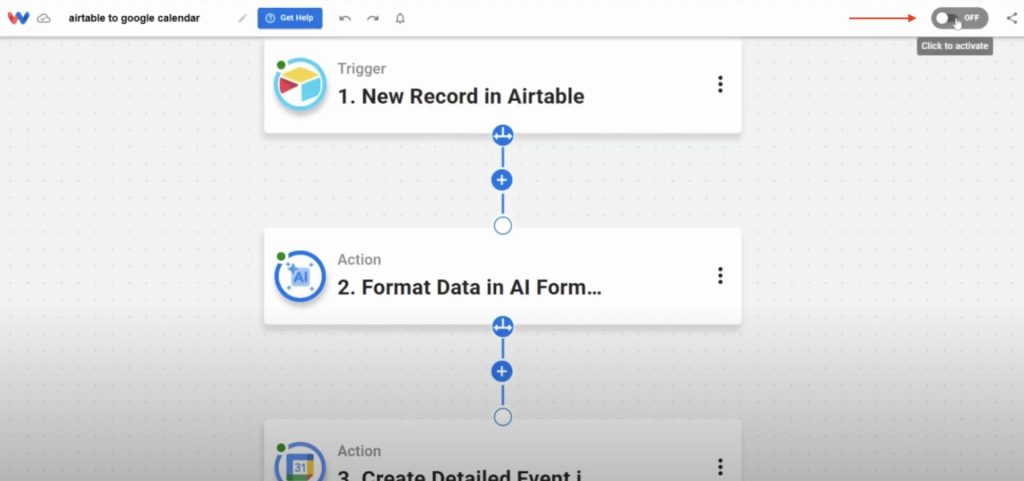 Toggle the workflow switch to activate your Airtable Records to Sheets integration and begin syncing new Airtable records live.