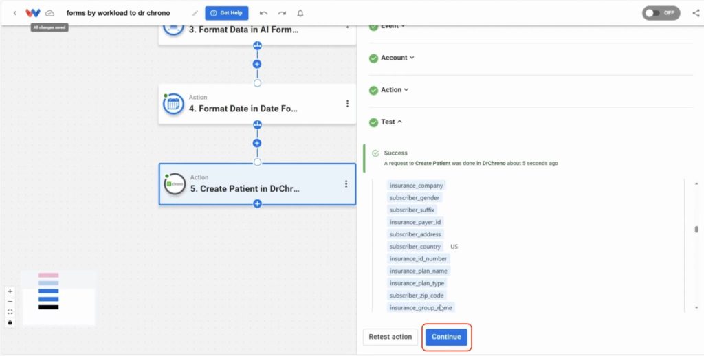 Click the On/Off toggle to create patient intake forms and send them directly to DrChrono to create a patient record.