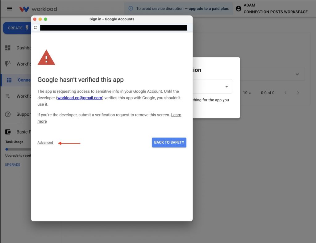 Clicking the âAdvancedâ option to continue linking to Workload