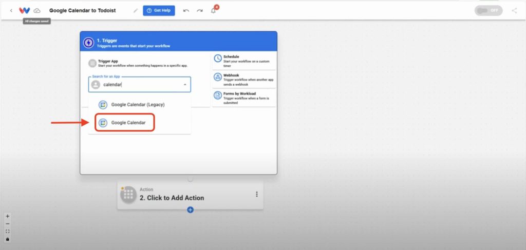 Editor view of Workload platform with red arrow pointing to Google Calendar app selection.