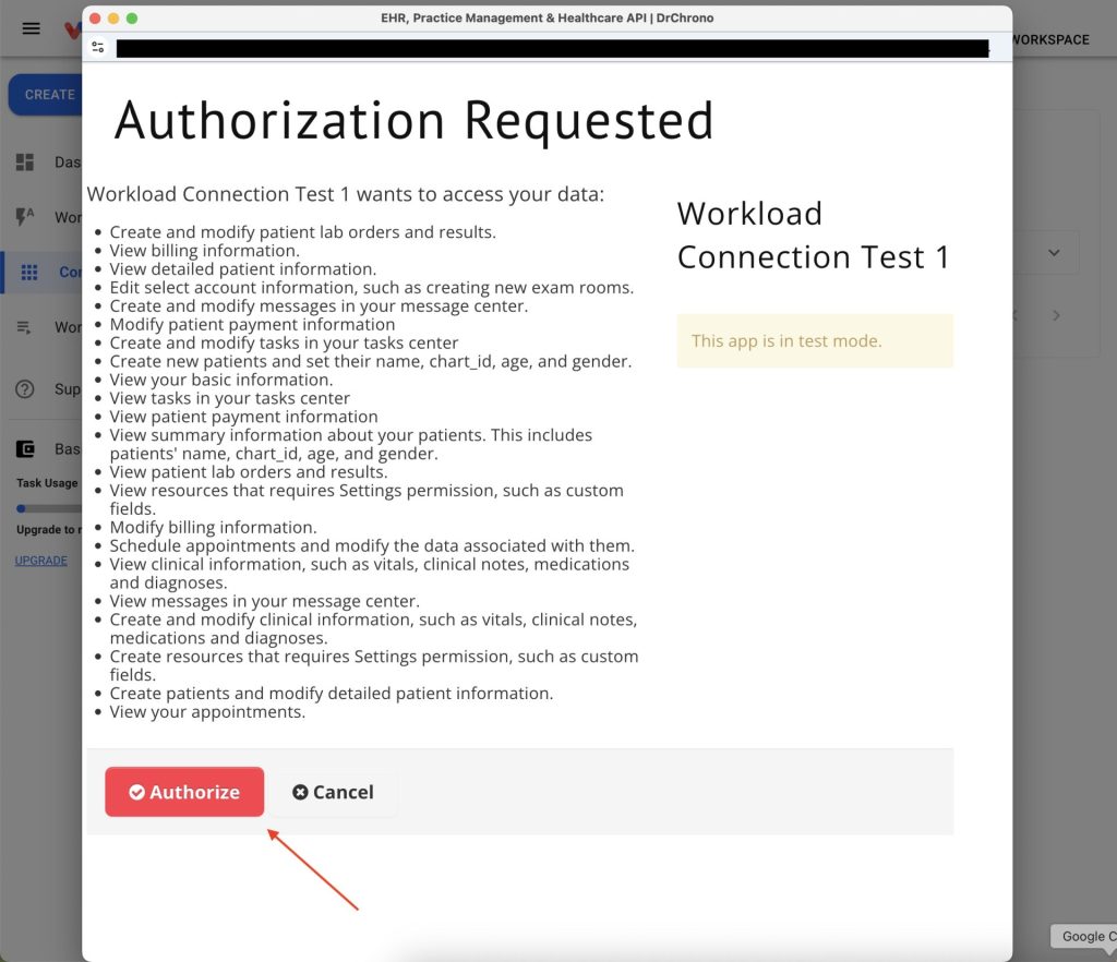 Click Authorize to approve Workload’s access to your DrChrono account