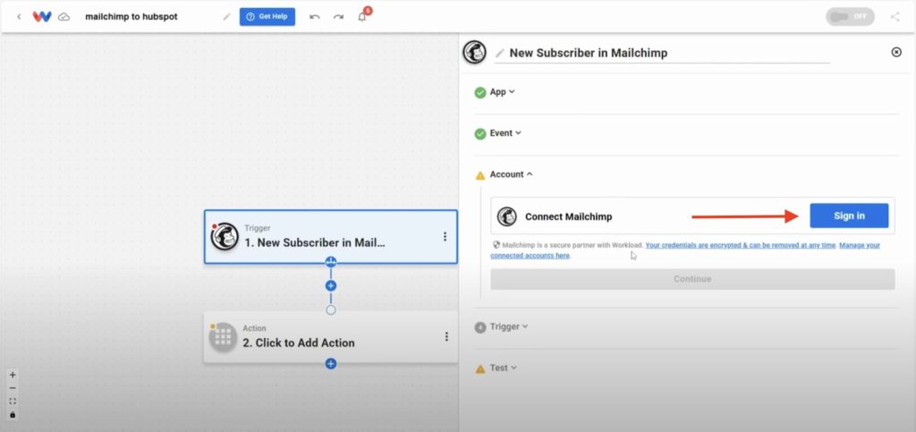 Click "Sign in" to securely connect your Mailchimp account to Workload.