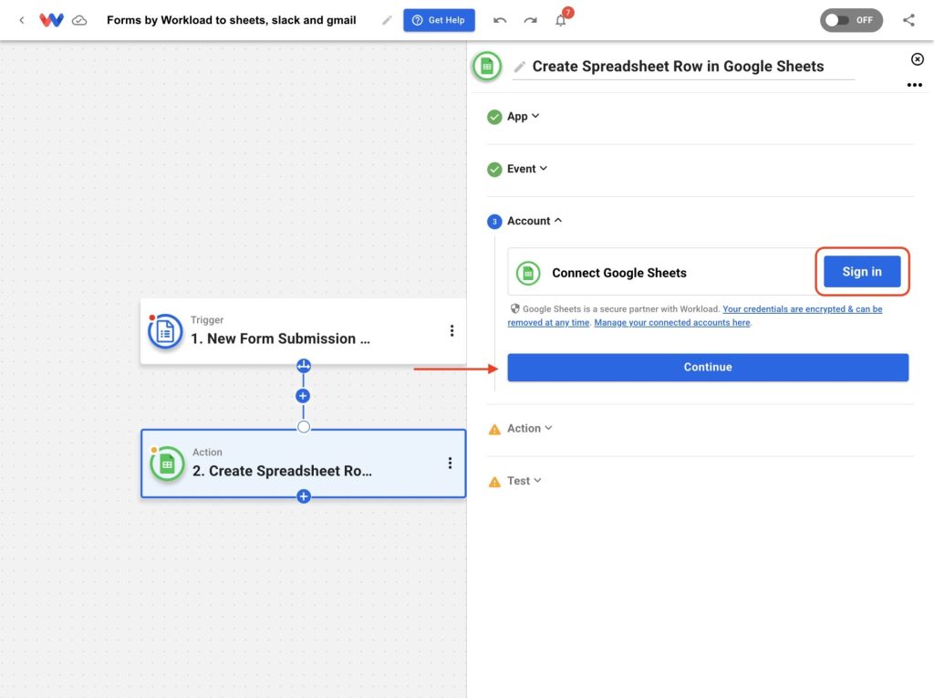 Connect your Google Sheets account to Workload to enable routing of custom form responses.