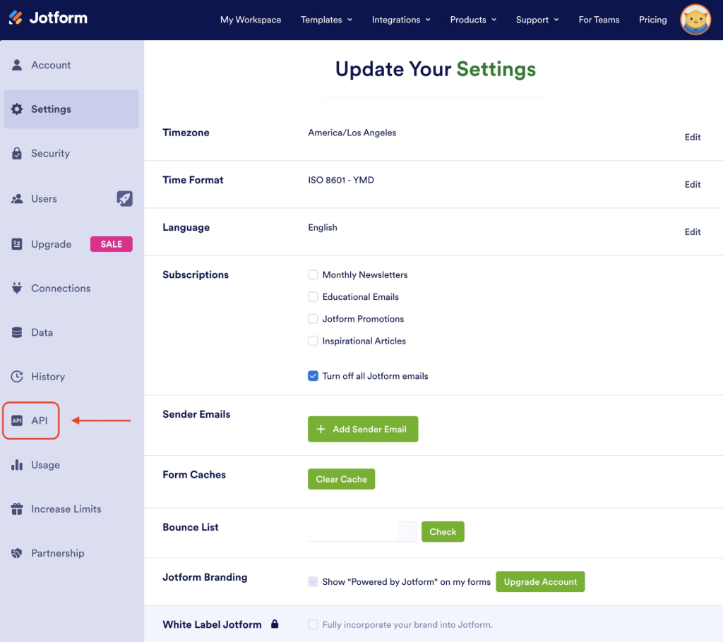 In the Jotform Settings menu, click the API tab to access your keys