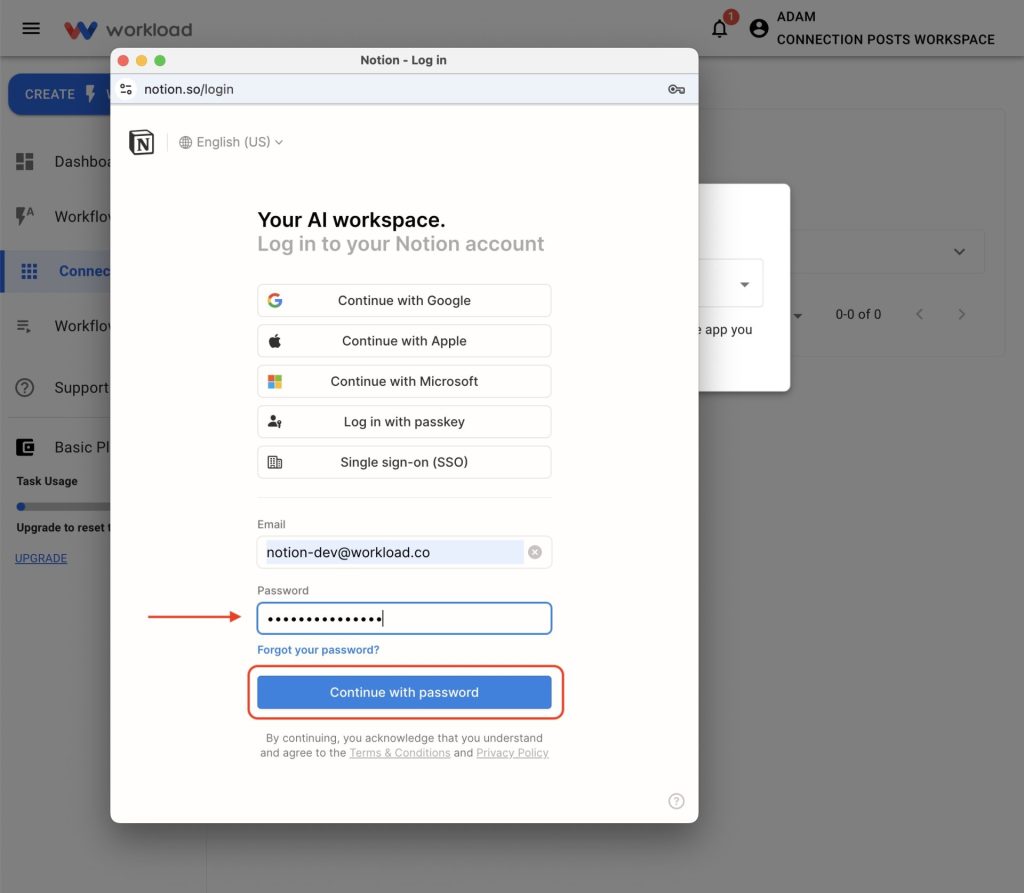 Notion login window with password entered and Continue with password button.
