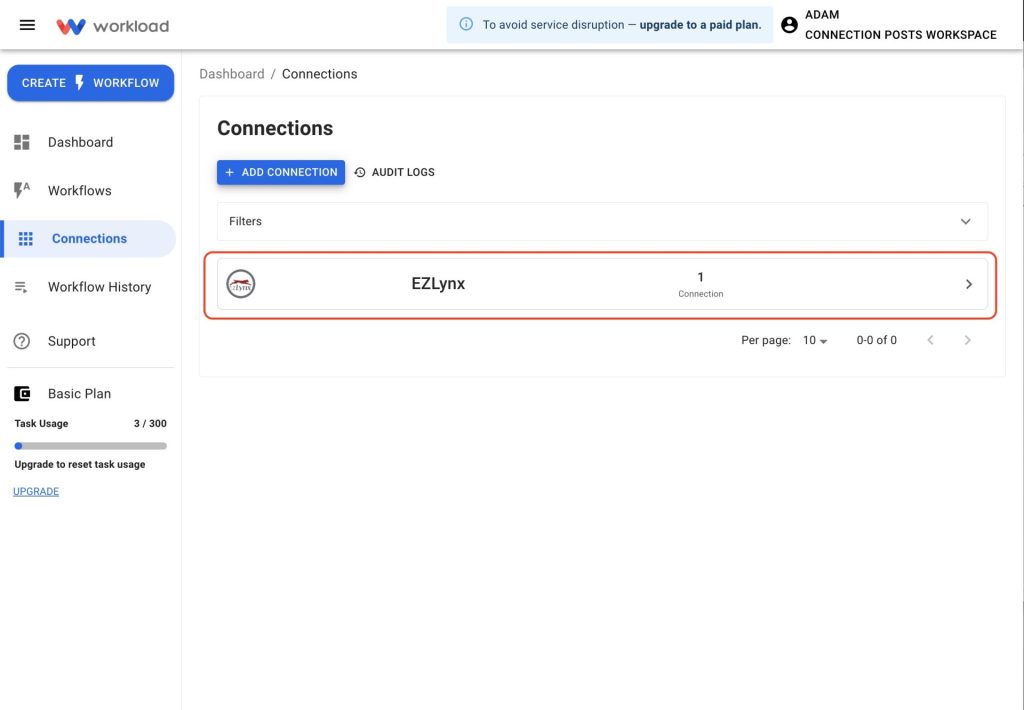 EZLynx listed under active connections in the Workload dashboard after successful connection.