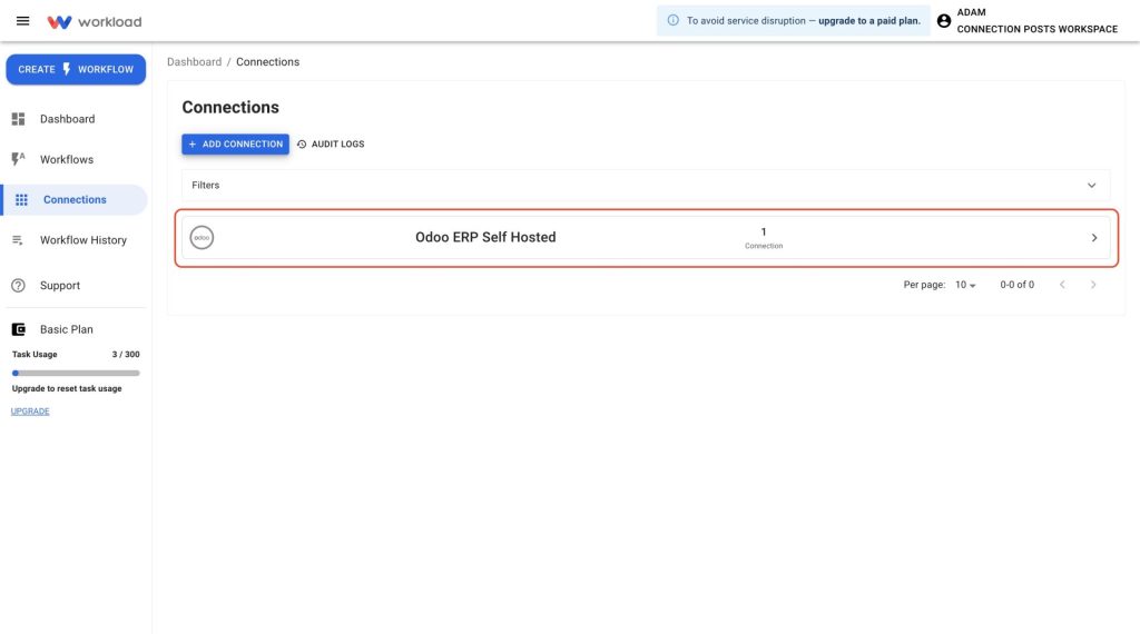 View of Odoo ERP Self-Hosted listed in the active connections section of the Workload dashboard.