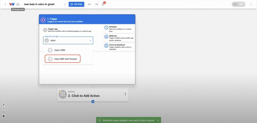 Selecting Odoo ERP Self Hosted as the trigger app in Workload.